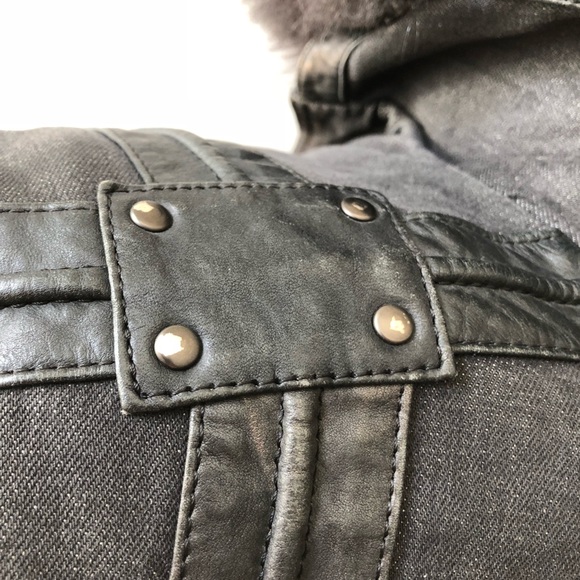 Denim & Leather Jacket with Real Opposum Fur Vintage Jacket - Picture 3 of 8